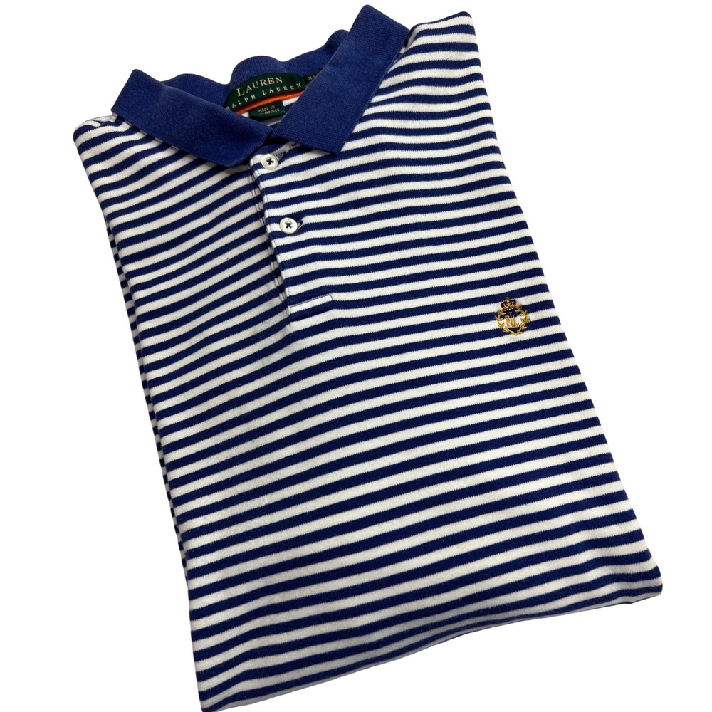Lauren Ralph Lauren Polo Mens XXL Blue White Striped Crest Logo Short Sleeve D35